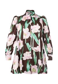 Braune Bluse mit langen Ärmeln, rosa Blumenmuster, hohem Kragen mit Bindeband, Knopfleiste vorne und gepufften Ärmeln.