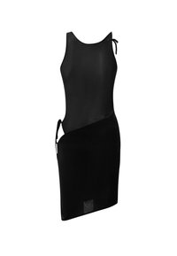 Schwarzes, ärmelloses Kleid mit tailliertem Oberteil und asymmetrischem Saum. Verfügt über seitliche Bindebänder für eine verstellbare Passform und besteht aus glattem, mattem Stoff.