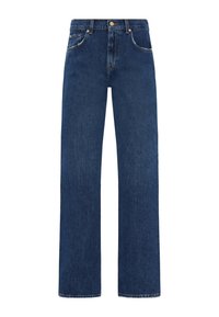 Jeans dritti blu scuro realizzati in denim, con un classico design a cinque tasche, un bottone anteriore e sottili dettagli di cucitura.