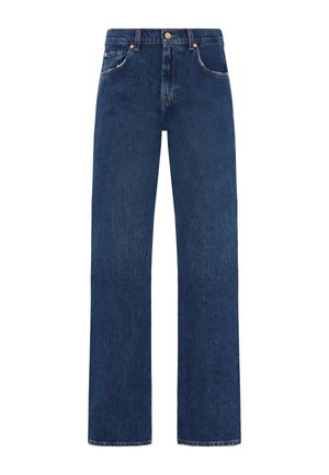 Jeans dritti blu scuro realizzati in denim, con un classico design a cinque tasche, un bottone anteriore e sottili dettagli di cucitura.