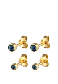 Guldpläterade stiftörhängen med runda blå rhinstenar, med en enkel design och strukturerad metallfinish. Slät och samtida form.