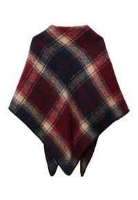 Poncho en laine à carreaux rouge, bleu marine et beige. Doté d'une coupe triangulaire et d'une texture douce avec un motif à carreaux classique. Convient pour le layering.