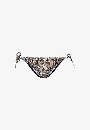 Bikiniunderdel med lav talje i slangeskindsprint og sorte sidestropper, med teksten "Copenhagen Studios" langs linningens kanter.