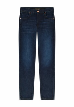 Proste dżinsy Wrangler w ciemnoniebieskim kolorze z przednimi kieszeniami, szlufkami na pasek i detalami z miedzianych nitów.