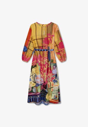 Multicolor jurk met een bloemenpatroon, met lange mouwen, een ronde hals en een strik ceintuur in de taille. Gemaakt van lichte stof.