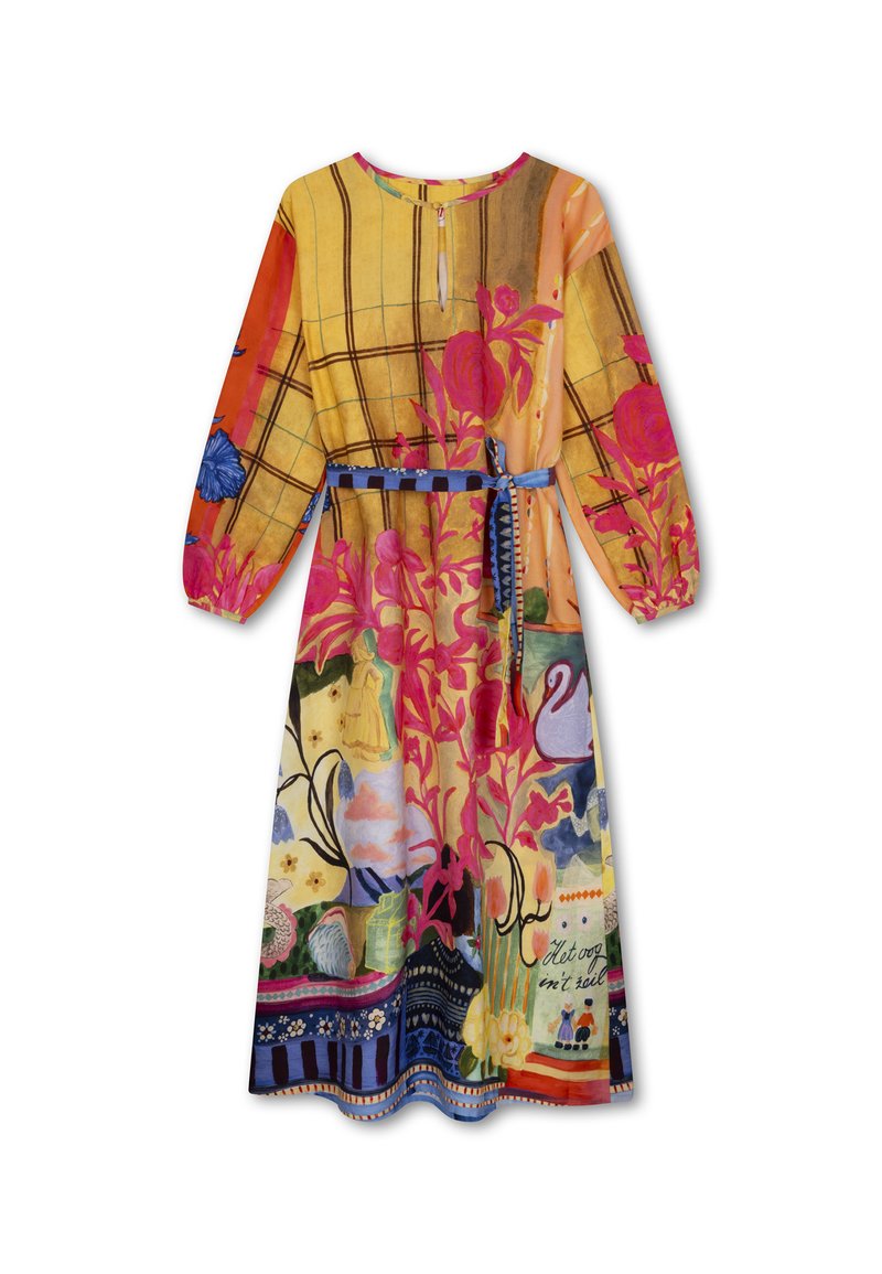 Multicolor jurk met een bloemenpatroon, met lange mouwen, een ronde hals en een strik ceintuur in de taille. Gemaakt van lichte stof.