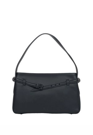 Borsa a tracolla rettangolare nera con una sola tracolla e una cintura decorativa sulla parte anteriore, con texture in pelle liscia.