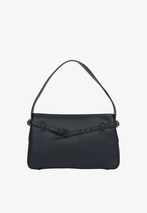 Černá obdélníková kabelka přes rameno s jedním popruhem a dekorativním páskem přes přední část, hladká kožená textura.