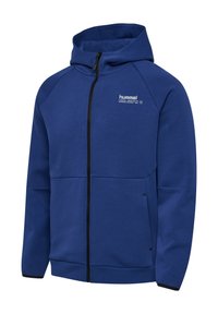 Giacca blu con cappuccio e zip con tasche frontali e piccolo logo bianco "hummel" sul petto.