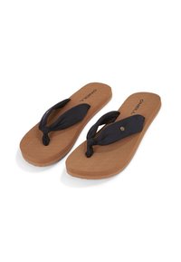 Marineblaue Flip-Flops mit Stoffriemen und einem geknoteten Design, ausgestattet mit einer strukturierten braunen Sohle und einem geprägten Logo auf dem Fußbett.