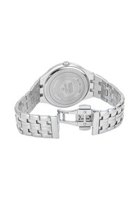 Orologio in acciaio inossidabile con finitura lucida, bracciale argentato, cassa rotonda e chiusura a fibbia. Design resistente all'acqua.