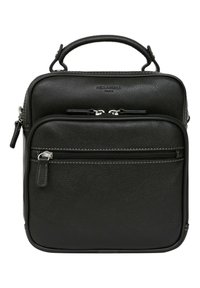 Borsa a mano in pelle nera con finitura testurizzata, dotata di doppie cerniere, manico superiore e tasca frontale. Design quadrato compatto.