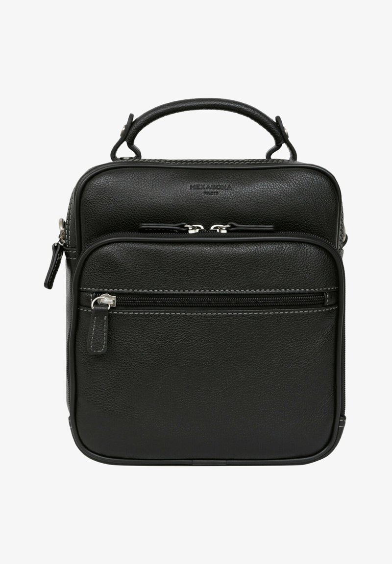 Czarna skórzana torebka o teksturowanym wykończeniu, z podwójnymi zamkami błyskawicznymi, górnym uchwytem i przednią kieszenią. Kompaktowy kwadratowy design.