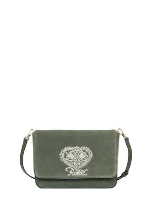 Grüne Wildleder-Clutch mit goldfarbenen Hardware, versehen mit einem dekorativen, weißen gestickten Herzenmuster und einem abnehmbaren Tragegurt.