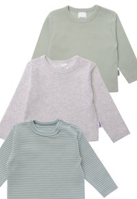 Three long-sleeve tops: one solid light green, one heather grey, and one light blue with thin white stripes. Features snap buttons on shoulders.