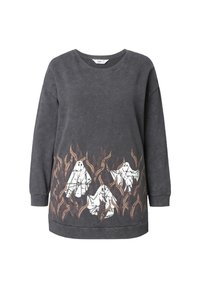 Felpa grigia oversize con un design grafico di falene bianche tra foglie marroni all'orlo. Tessuto morbido con scollo tondo.