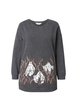 Grijze oversized sweatshirt met een grafisch ontwerp van witte motten te midden van bruine bladeren aan de onderrand. Zachte textuur met een ronde hals.