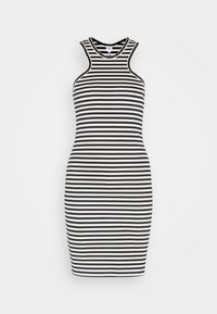 Černobílé pruhované šaty bez rukávů s přiléhavým tvarem a kulatým výstřihem, vyrobené z pružné látky.