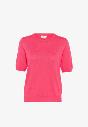 Short-sleeve, bright pink knit sweater with a rounded neckline and a straight hem. Made from lightweight fabric, featuring a smooth texture.