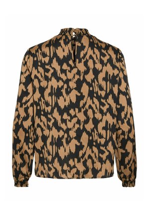 Leopardmönstrad blus i tan och svart, med hög undervikning vid halsen, elastiska manschetter och en nyckelhålöppning bak med knappstängning.