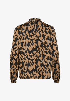 Blusa de leopardo en tonos marrón y negro, con un cuello alto recogido, puños elásticos y una abertura en la parte posterior con cierre de botón.