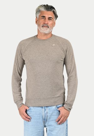 Maglione marrone chiaro a maniche lunghe con polsini e orlo a coste. Collo rotondo e maniche raglan. Presenta un logo discreto sul petto. Tessuto morbido.
