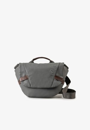 Gray messenger bag with brown leather accents, a top handle, and an adjustable shoulder strap placed against a white background.