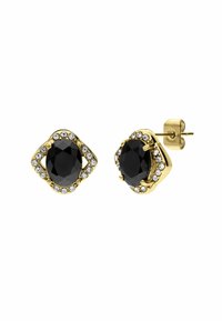 Gouden oorbellen met een ovale zwarte facetsteen omringd door een rand van kleine heldere rhinestones; met studsluiting.