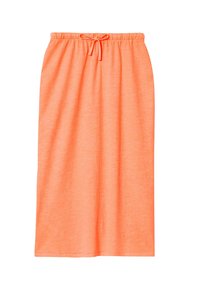 Jupe en maille stretch orange avec une taille élastique et un cordon de serrage réglable. Texture lisse, longueur genou et design simple.