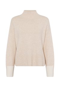 Chunky beiger Pullover mit hohem Kragen, langen Ärmeln, gerippten Bündchen und Saum. Weiche Textur und leicht übergroßes Design.