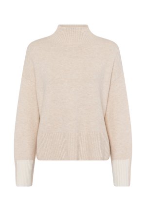 Chunky beige sweater with a high neck, long sleeves, ribbed cuffs, and hem. Soft texture and slightly oversized design.