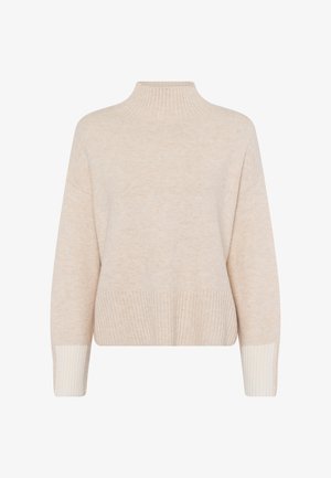 Chunky beige sweater with a high neck, long sleeves, ribbed cuffs, and hem. Soft texture and slightly oversized design.