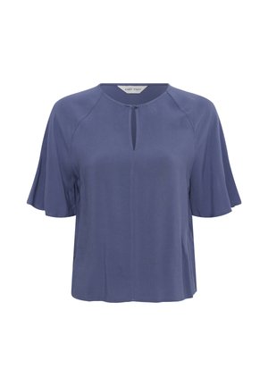 Blouse bleue à manches courtes avec col rond, fermeture boutonnée à l'avant en forme de trou de serrure, et silhouette ample.