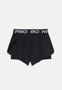 Crne sportske hlače s širokim pojasom na kojem piše "NIKE PRO" u bijeloj boji. Dizajn uključuje slojeviti, lepršavi kroj i laganu tkaninu.
