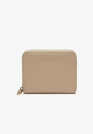Beige leather zip wallet with embossed "LIEBESKIND BERLIN" logo, featuring a gold-tone zipper and a smooth, matte finish. Rectangular shape.