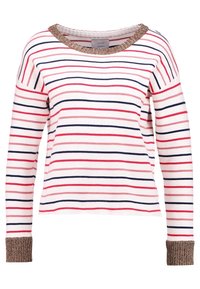 Pull rayé avec un motif blanc, rose et marine. Présente un large décolleté et des poignets texturés avec accents dorés. Manches longues.