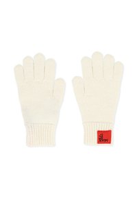 Gants tricotés en blanc cassé avec des poignets côtel�és. Présentent une petite étiquette rouge avec le texte "max" sur le côté.