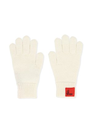 Gants tricotés en blanc cassé avec des poignets côtelés. Présentent une petite étiquette rouge avec le texte "max" sur le côté.
