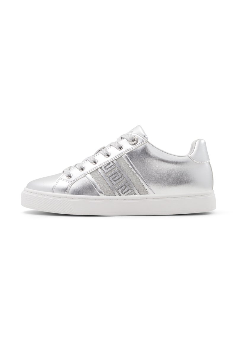 Silver metallic sneakers with a smooth texture, white rubber sole, and three horizontal accent stripes. Lace-up design with flat laces.