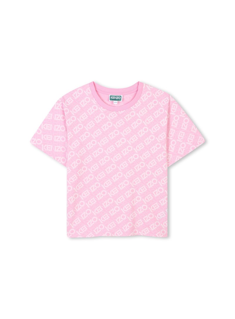 Roze katoenen T-shirt met een all-over witte KENZO-logo print. Korte mouwen, ronde hals, comfortabele pasvorm, zachte textuur en casual ontwerp.