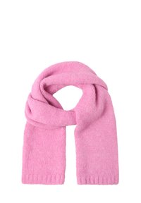 Roze wollen sjaal, zachte textuur, rechthoekige vorm, afgewerkte randen, lichtjes fuzzy oppervlak en een lichtgewicht ontwerp. Ideaal voor warmte.