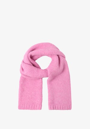 Roze wollen sjaal, zachte textuur, rechthoekige vorm, afgewerkte randen, lichtjes fuzzy oppervlak en een lichtgewicht ontwerp. Ideaal voor warmte.