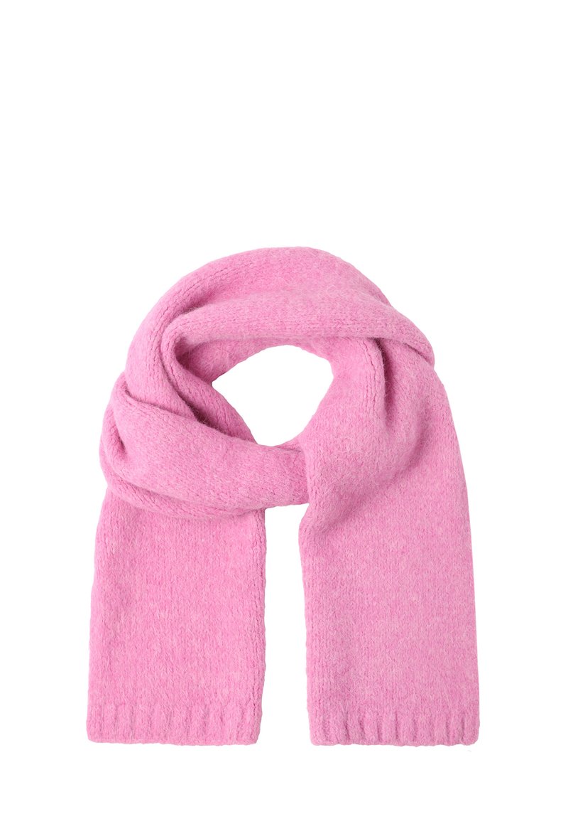 Roze wollen sjaal, zachte textuur, rechthoekige vorm, afgewerkte randen, lichtjes fuzzy oppervlak en een lichtgewicht ontwerp. Ideaal voor warmte.