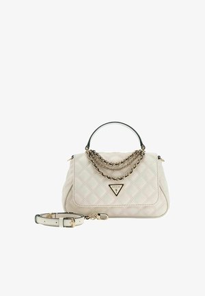 Sac à main crème matelassé avec un logo triangulaire, des accents en chaîne dorée et une bandoulière amovible. Présente une forme structurée et une texture lisse.