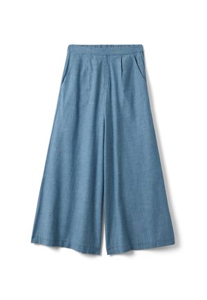 Wide-leg blue linen pants with elastic waistband and side pockets, laid flat on a white background.