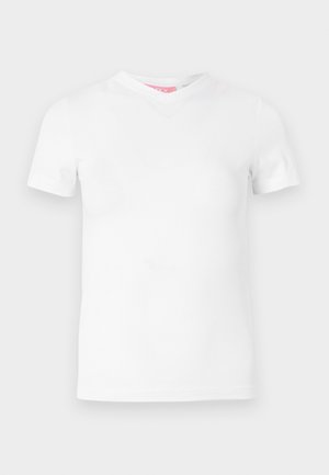 T-shirt blanc uni à manches courtes et col en V, présenté sur un fond gris clair, vue de face sans motifs ni logos visibles.