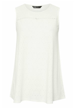 Hvid ærmeløs A-formet top med hulmønster og blonde detaljer over brystet, mærket størrelse UK 16, EU 44-46.