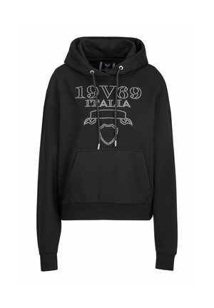 Schwarzer Hoodie aus weichem Stoff, mit einer Fronttasche, verstellbarem Kapuzenzug und Strassverzierungen im Design "1969 ITALIA".