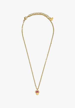 Collier en chaîne dorée avec un pendentif circulaire présentant un design de nœud rose et des pierres décoratives. La chaîne a une longueur ajustable.