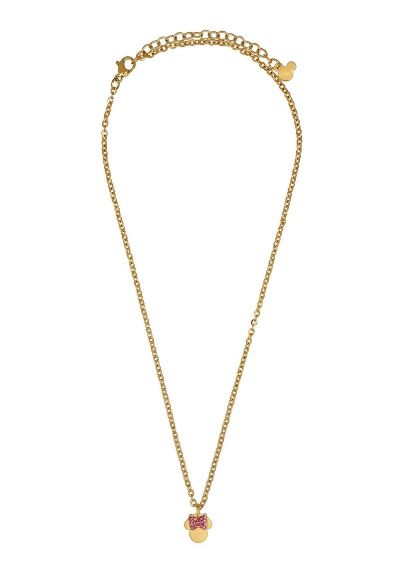 Collana in oro con pendente circolare che presenta un design a fiocco rosa e pietre decorative. La catena ha una lunghezza regolabile.